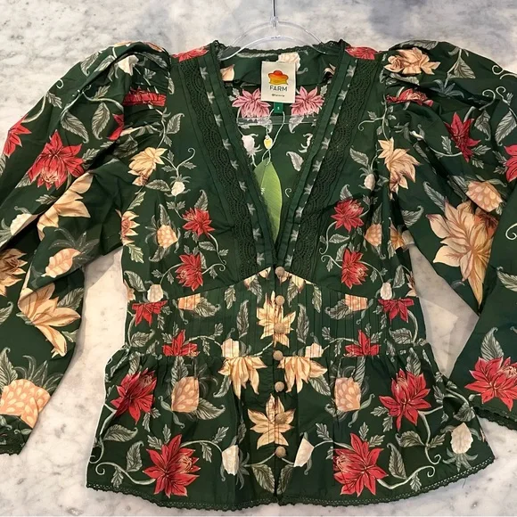 FARM Rio Green Floral V-Neck Puff Sleeve Blouse - Picture 4 of 8